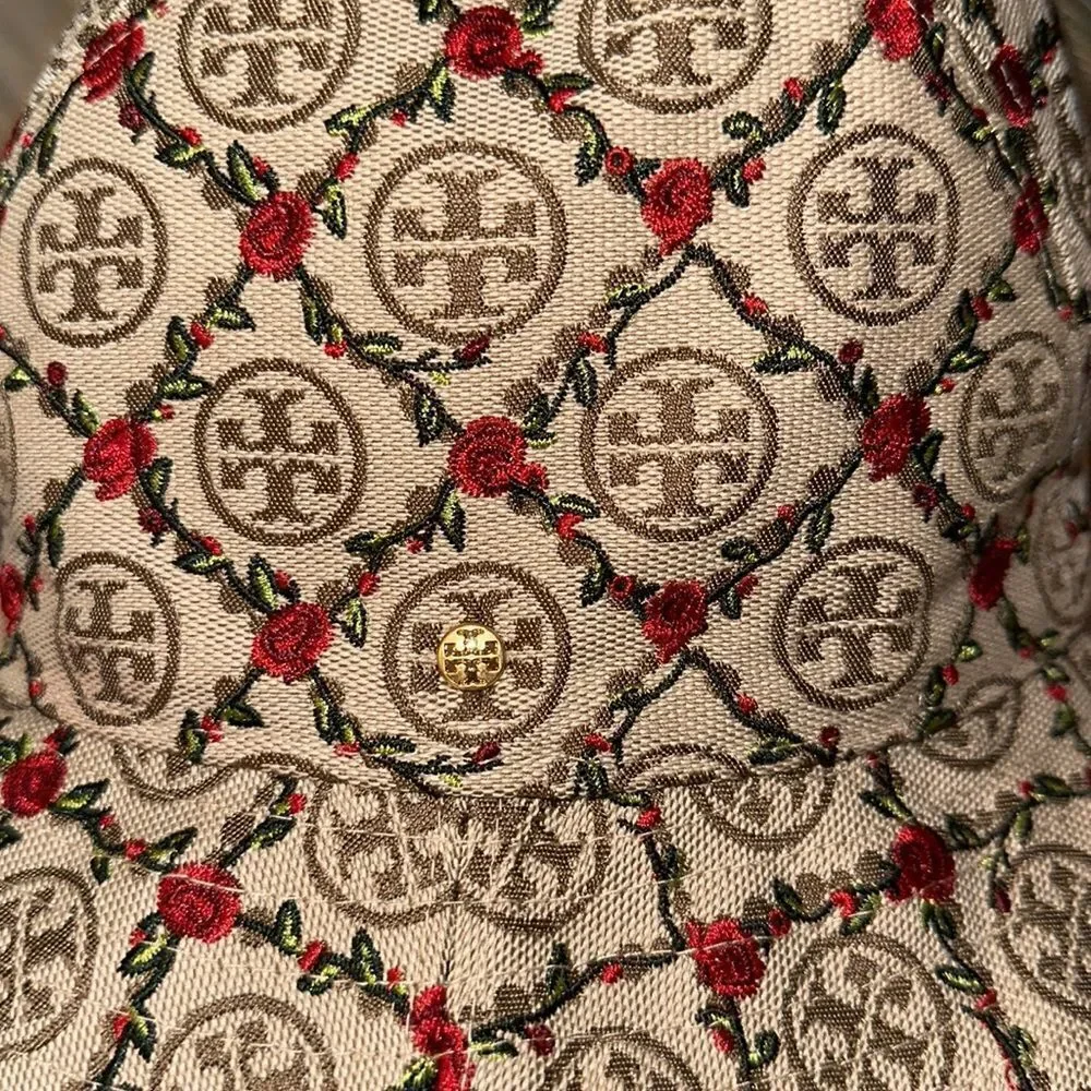 Tory Burch OS Beige Tan Red Monogram Embroidered Climbing Rose Bucket Hat